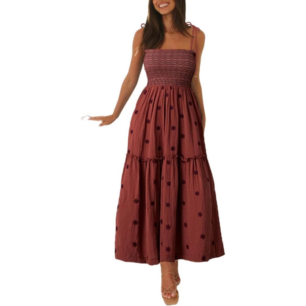 Women Floral Embroidered Maxi Dress Boho Sleeveless Tie Strap Summer Sundress - Picture 1 of 4